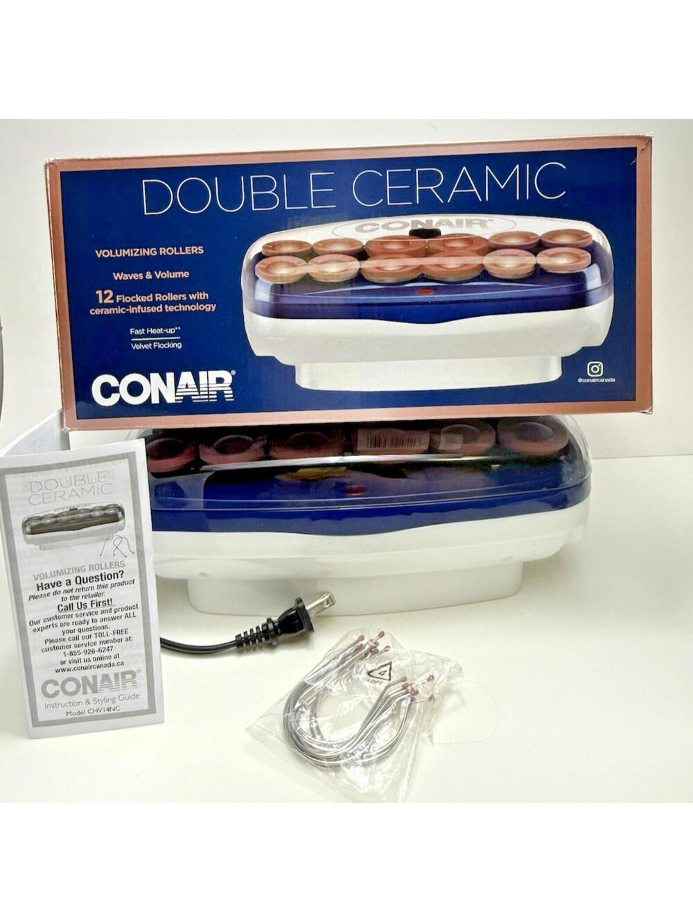 Conair 12 Velvet Flocked Double Ceramic Volumizing Rollers Fast Heat-up w/Clips